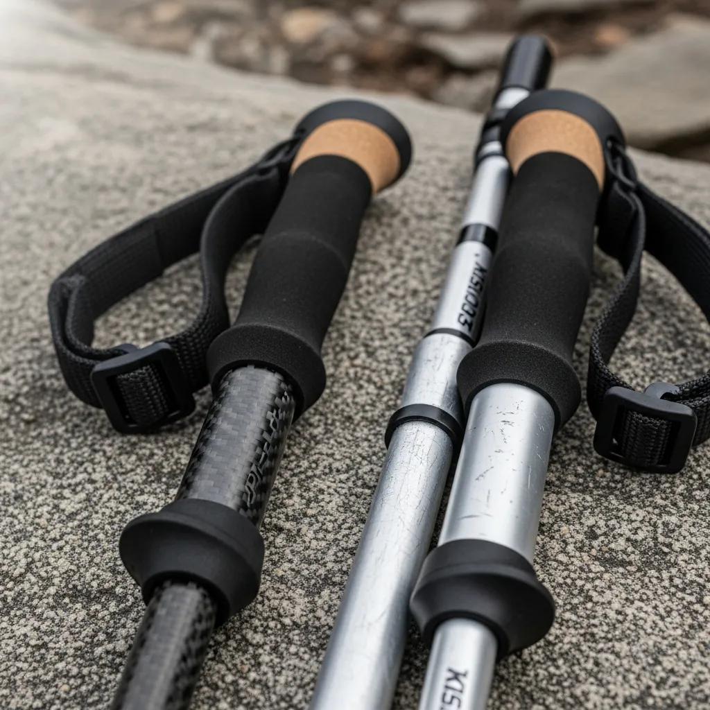 Close-up comparison of carbon fiber and aluminum trekking poles, highlighting material differences and features