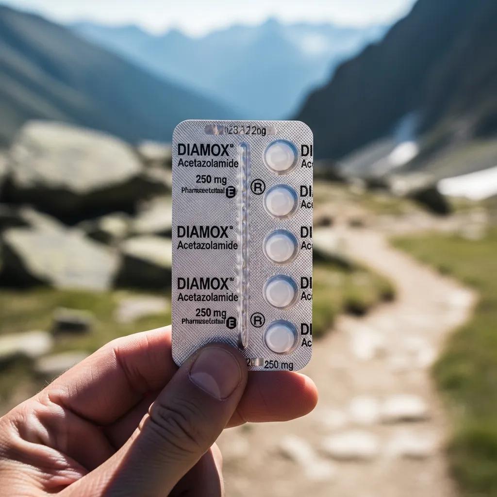 Close-up of a hand holding a blister pack of Diamox (acetazolamide) 250 mg tablets, set against a mountain trail background, highlighting altitude sickness treatment.