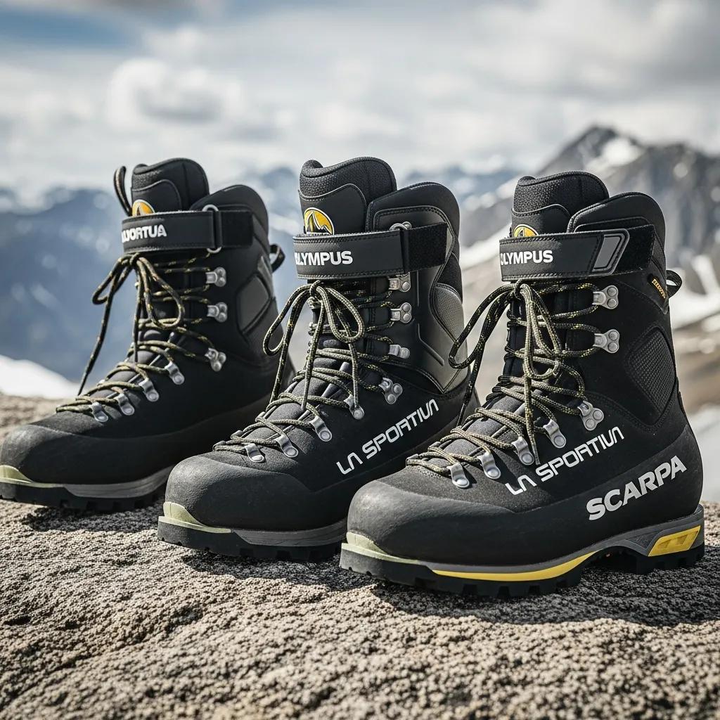 Close-up of high-altitude climbing boots suitable for K2 expeditions, highlighting insulation and rugged design