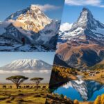 Collage of iconic mountains like Everest, Kilimanjaro, and Matterhorn, showcasing their unique features and beauty