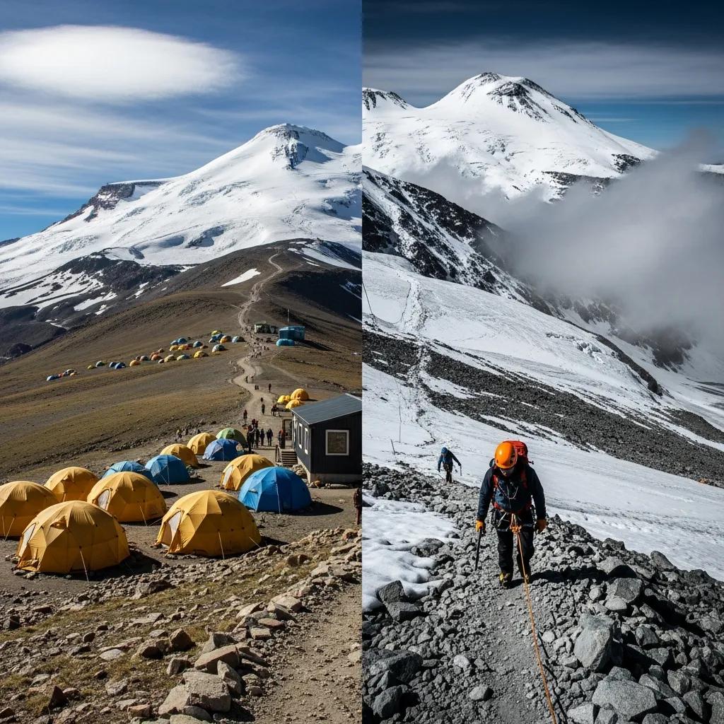 Comparison of South Route and North Route terrains on Mount Elbrus, highlighting difficulty differences