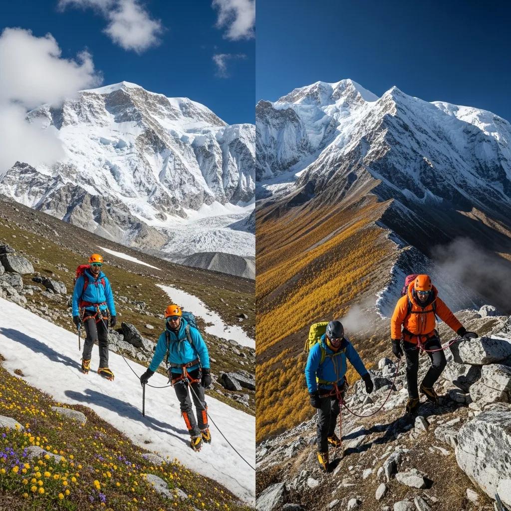 Climbers navigating contrasting seasonal conditions on Makalu, with vibrant spring flowers and snow on the left, and autumn's golden foliage and rocky terrain on the right, showcasing the diverse climbing environments.