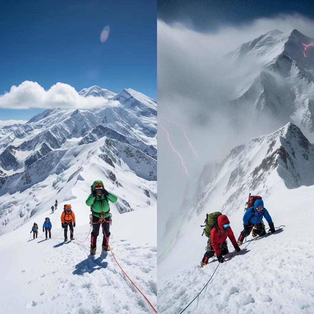 Climbers navigating contrasting weather conditions on Denali, showcasing clear skies and stable spring weather alongside stormy summer conditions with lightning, emphasizing seasonal challenges for expeditions.