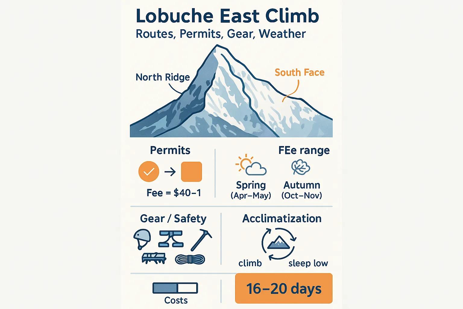 Lobuche East climbing guide infographic illustrating routes, permits, gear, weather conditions, and acclimatization tips.