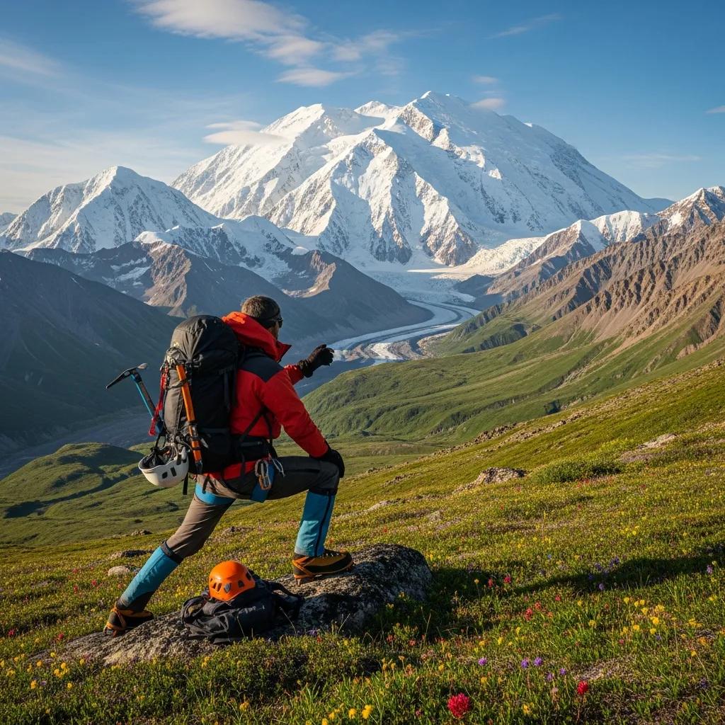Denali landscape with a climber in training, emphasizing preparation for high-altitude climbing