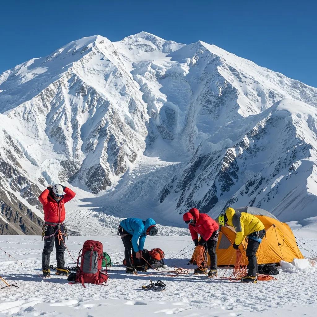 Denali landscape with climbers preparing gear, emphasizing adventure and preparation for climbing