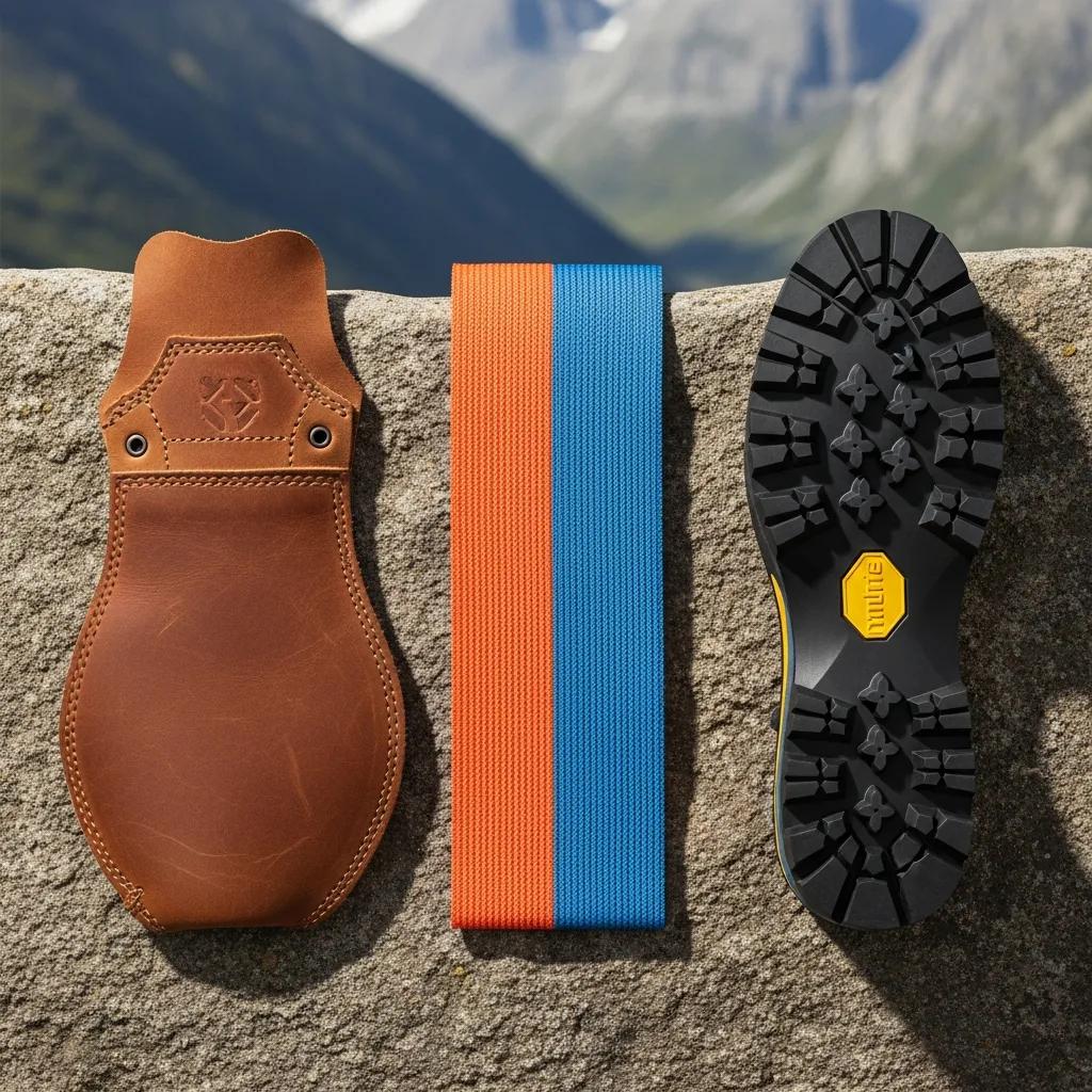 Different mountaineering boot materials including leather, synthetic fabric, and rubber, highlighting their textures and colors