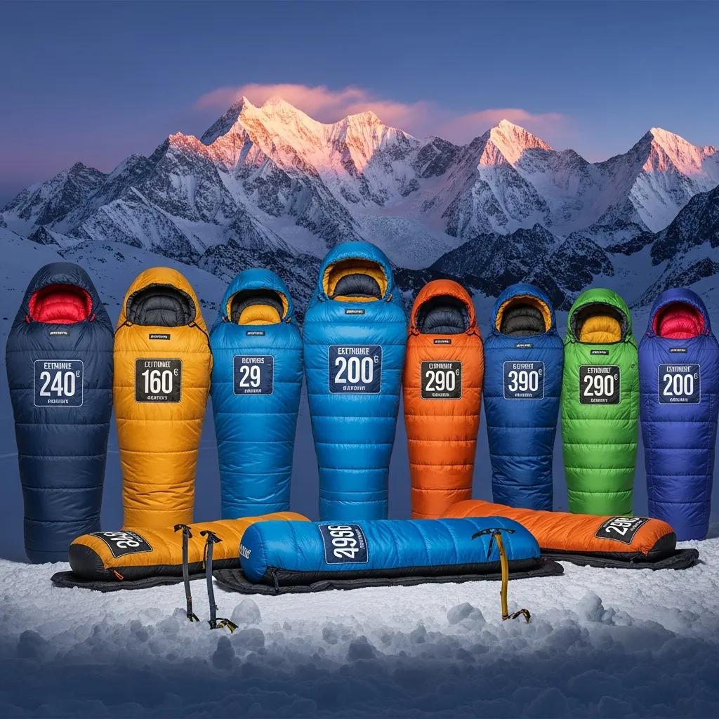 Different sleeping bags with temperature rating tags in a snowy mountain setting