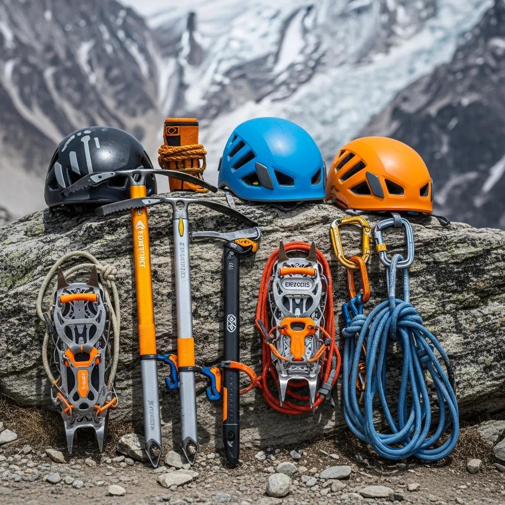 Display of essential climbing gear including ice axes, crampons, and ropes on a rocky surface