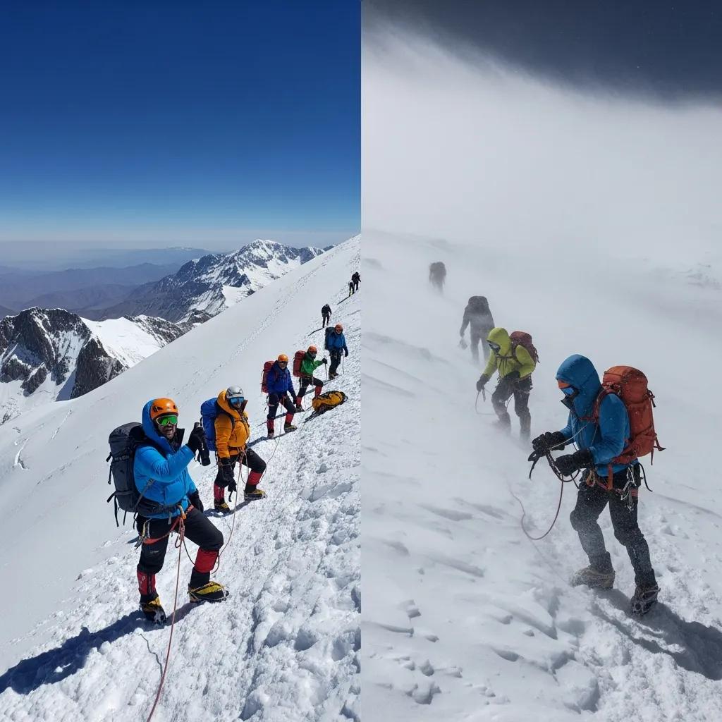 Climbers on Aconcagua navigating diverse weather conditions, featuring sunny clear skies on the left and stormy, snowy conditions on the right, illustrating the varied challenges climbers face during the ascent.