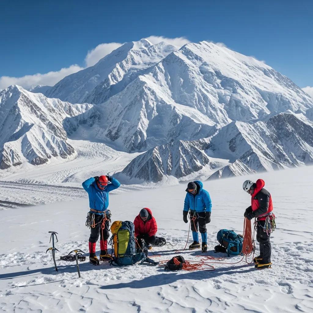 Dramatic view of Denali with climbers preparing for an ascent, highlighting the adventure of climbing