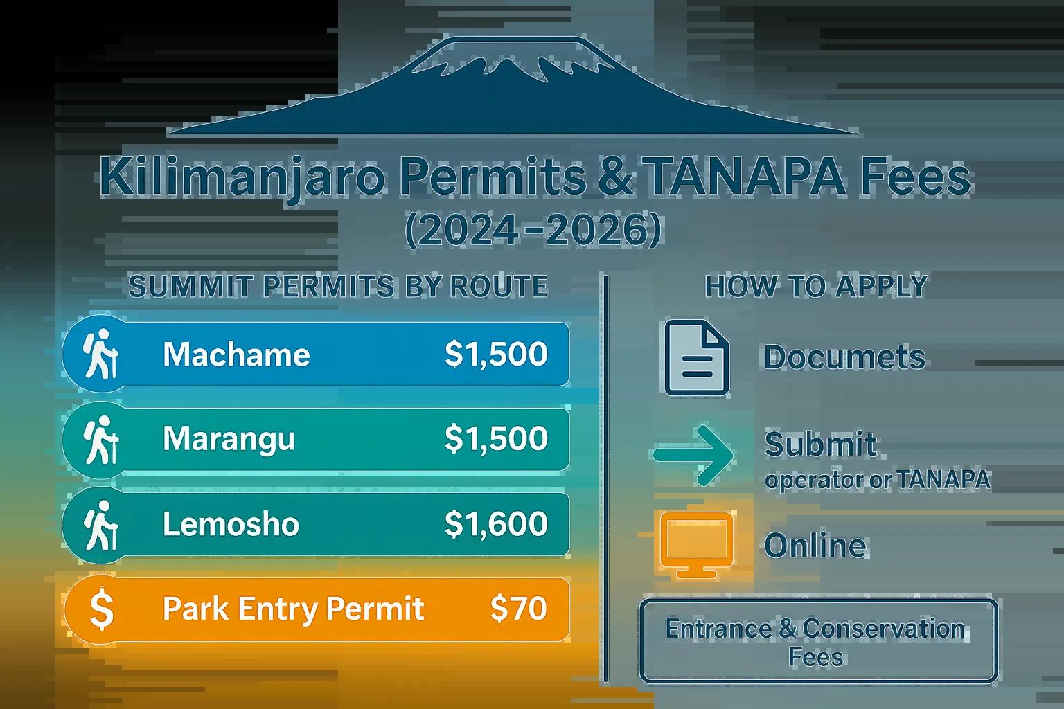 Kilimanjaro permits and TANAPA fees infographic for 2024-2026, detailing Machame, Marangu, and Lemosho routes with associated costs, and application instructions.