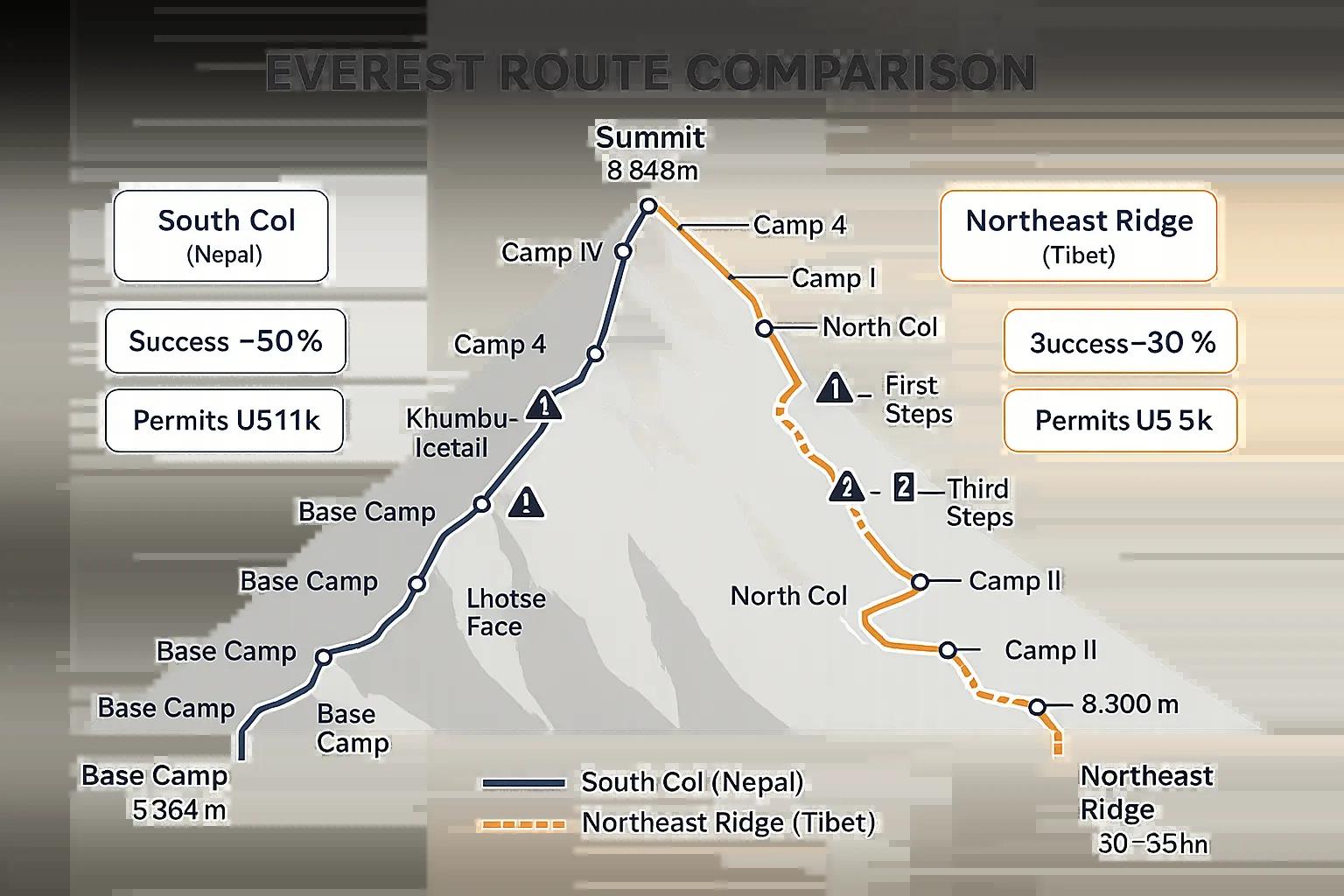 Everest route comparison infographic highlighting South Col Route (Nepal) and Northeast Ridge (Tibet) with success rates, permit costs, and camp structures.