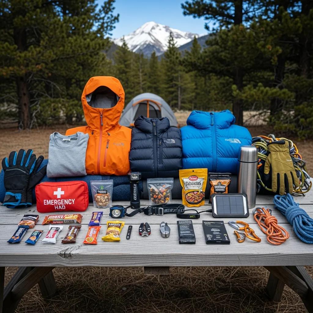 Essential alpine climbing gear arranged for a comprehensive packing checklist, including clothing layers and emergency items