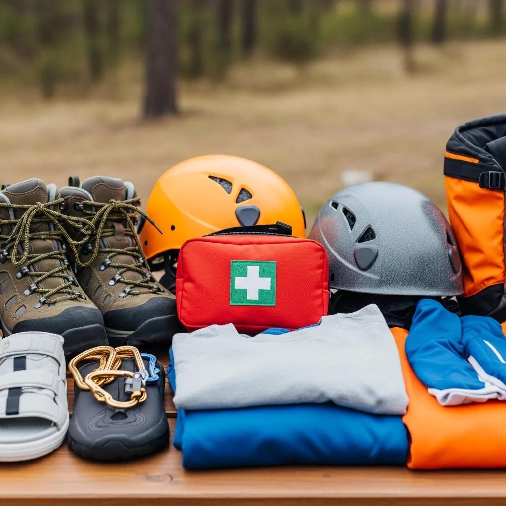 Essential climbing gear for beginners, including boots, helmet, and first aid kit