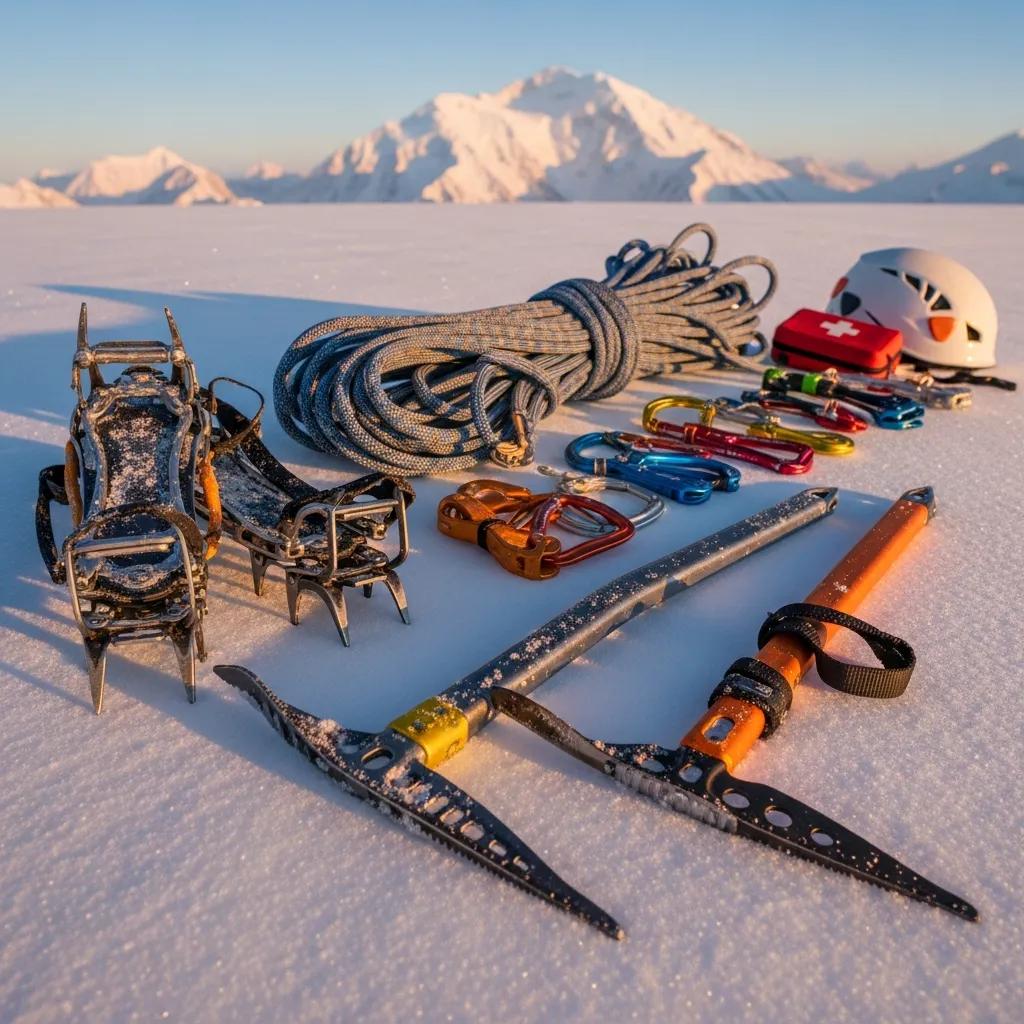 Essential climbing gear for Denali expeditions, including crampons and ice axes, arranged on snow