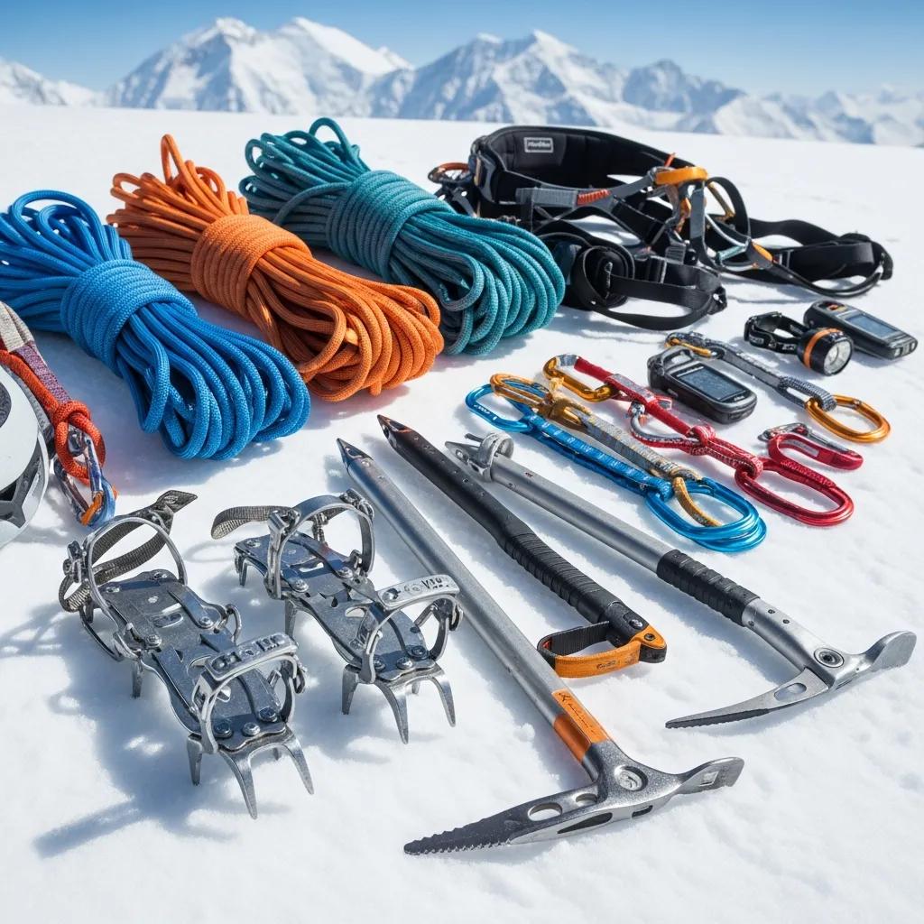Essential climbing gear for Denali expeditions, including crampons, ice axes, ropes, harnesses, and carabiners on snow-covered terrain with mountain backdrop.