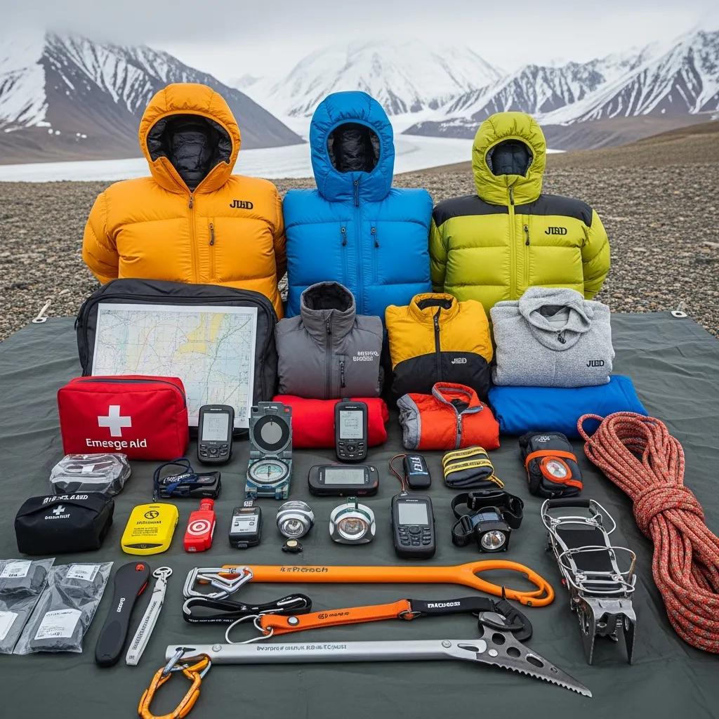 Essential climbing gear for Denali, including clothing layers and navigation tools, displayed in an outdoor setting