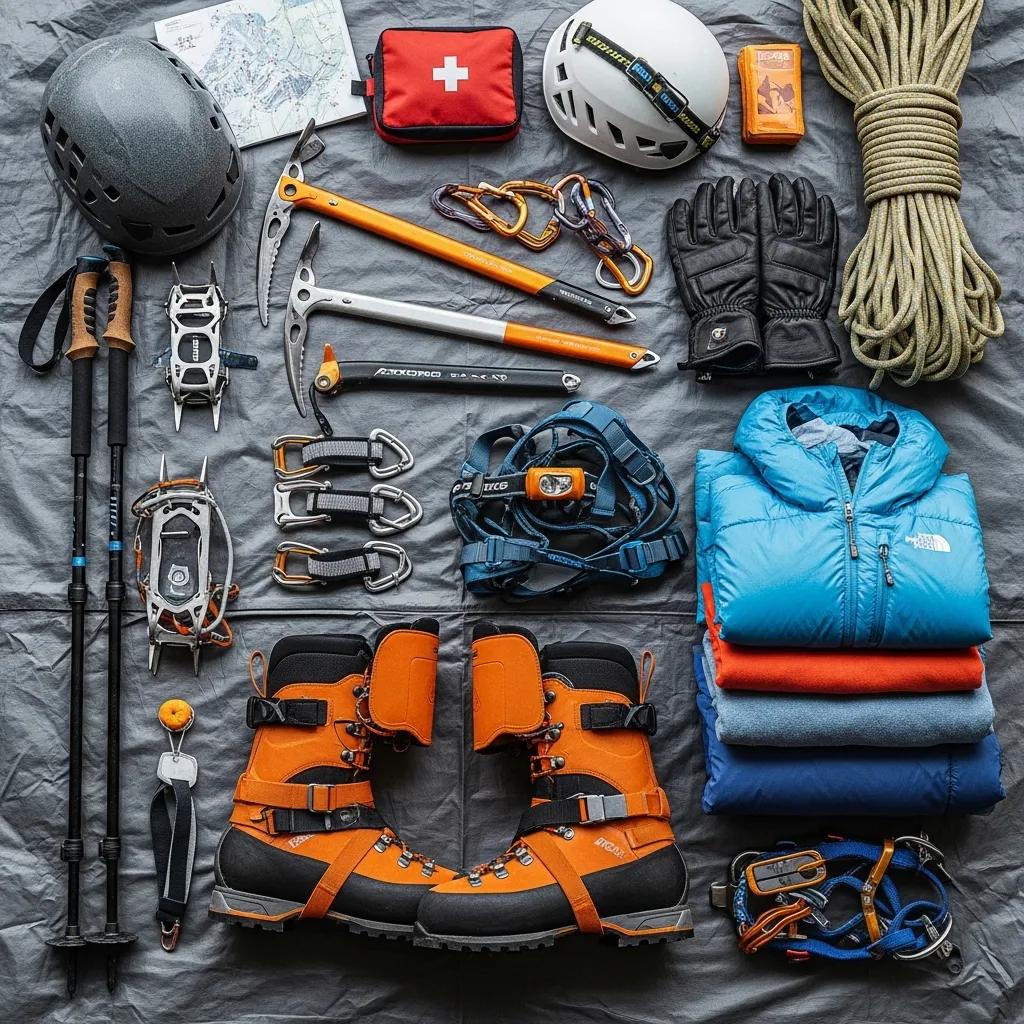 Essential climbing gear for high-altitude expeditions including boots, clothing, and technical equipment