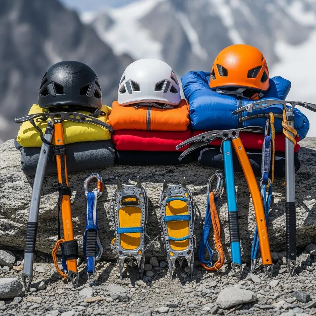 Essential climbing gear for Makalu expedition arranged on rocky terrain