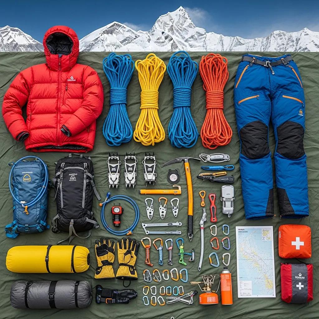 Essential climbing gear for Makalu expeditions, including insulated jacket, climbing ropes, crampons, ice axes, backpacks, and safety equipment, displayed against a scenic mountain backdrop.
