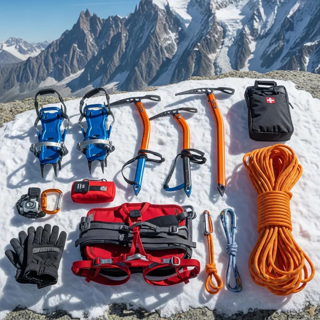 Essential climbing gear for Mont Blanc including crampons and ice axes