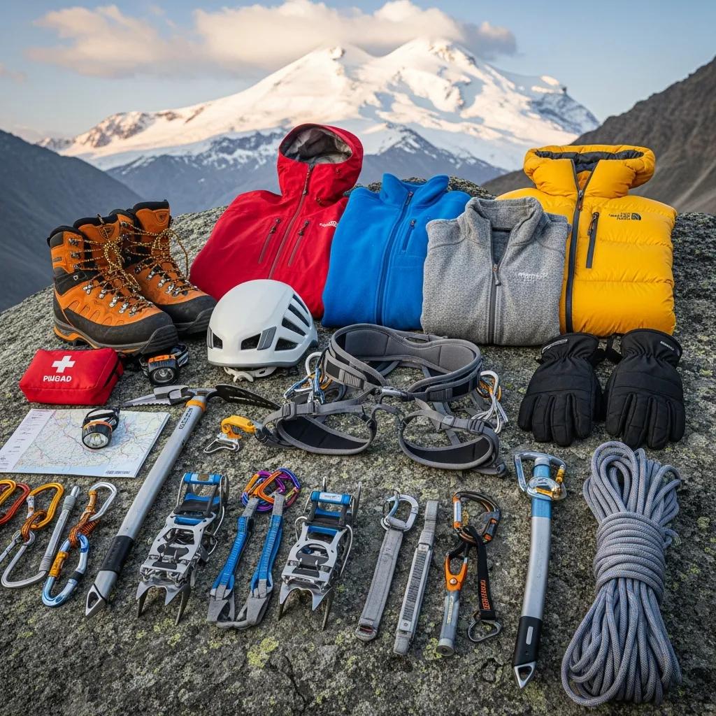 Essential climbing gear for Mount Elbrus, including boots and safety equipment, displayed on rocky terrain