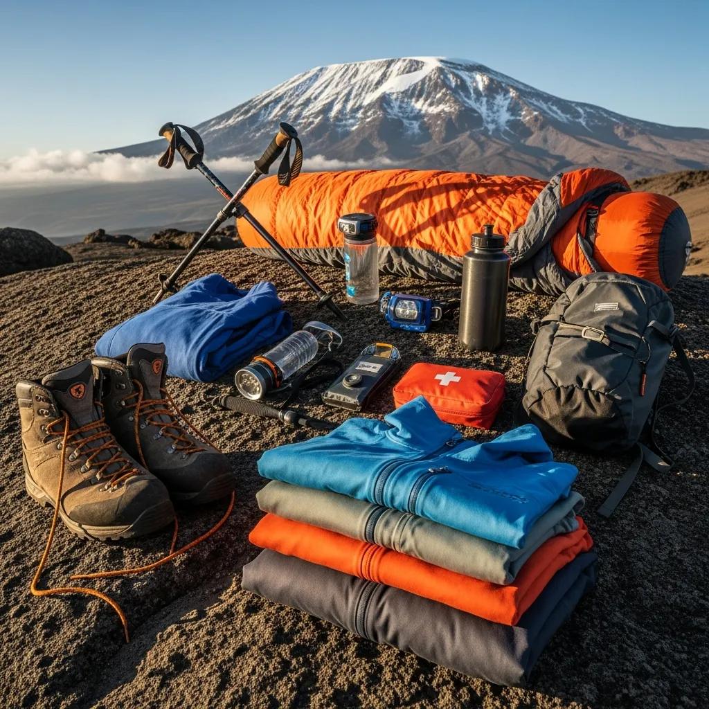 Essential climbing gear for Mount Kilimanjaro, including boots, clothing layers, and sleeping bag