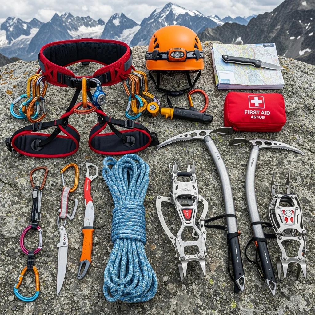 Essential climbing gear including harness, helmet, and ice axes arranged on a rocky surface, emphasizing safety and preparation