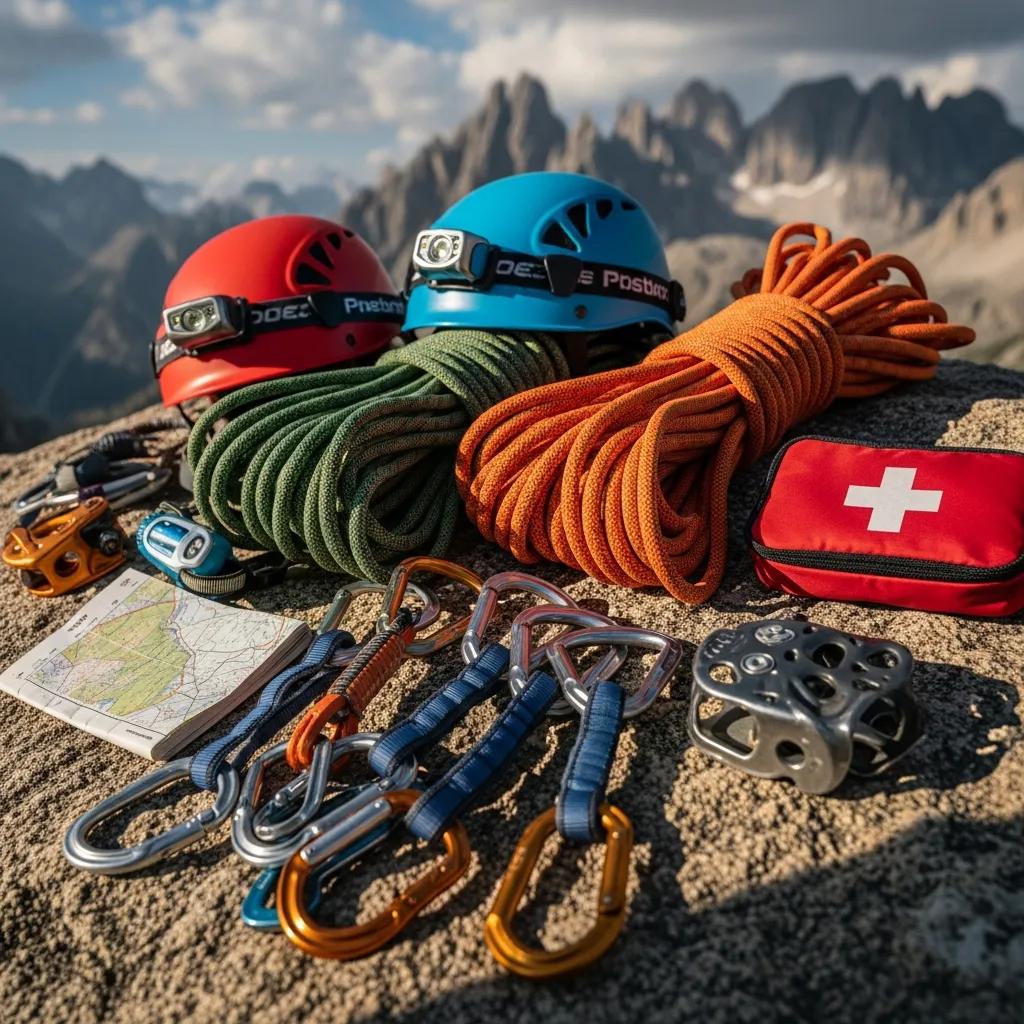 Essential climbing gear including helmets and ropes on a rocky surface in a mountain environment