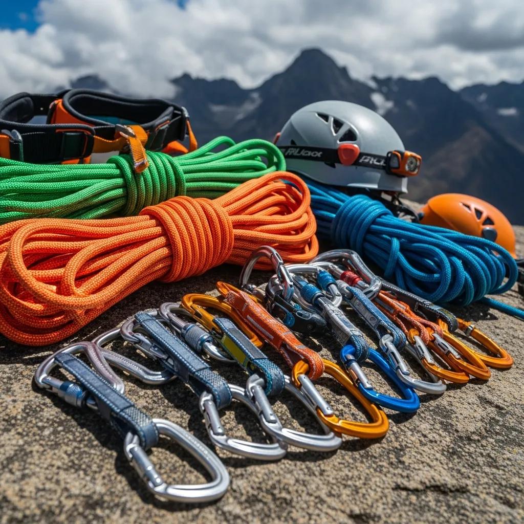 Essential climbing gear including ropes and harnesses for high-altitude expeditions