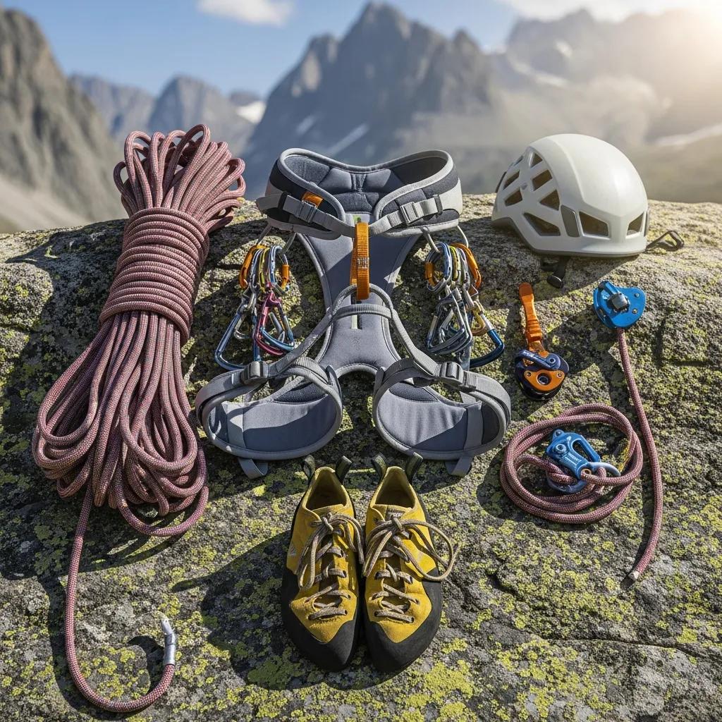 Essential climbing gear including shoes, harness, helmet, and rope arranged in an outdoor setting