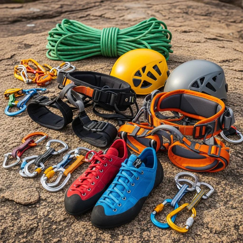 Essential climbing gear including shoes, harnesses, and helmets arranged on a natural surface, emphasizing the costs associated with climbing equipment