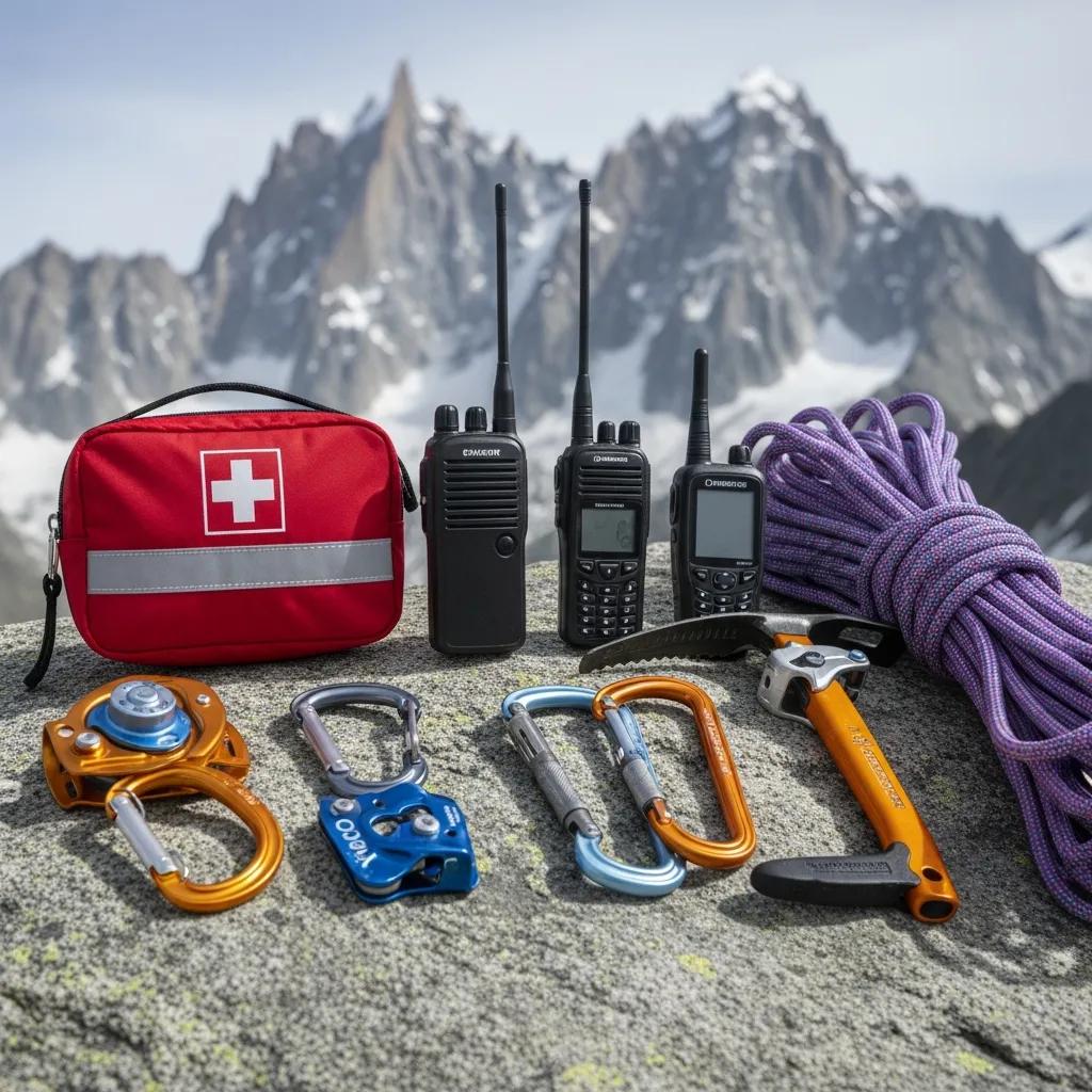 Essential climbing safety gear including first aid kit and communication devices, emphasizing the importance of safety measures for Mont Blanc climbers