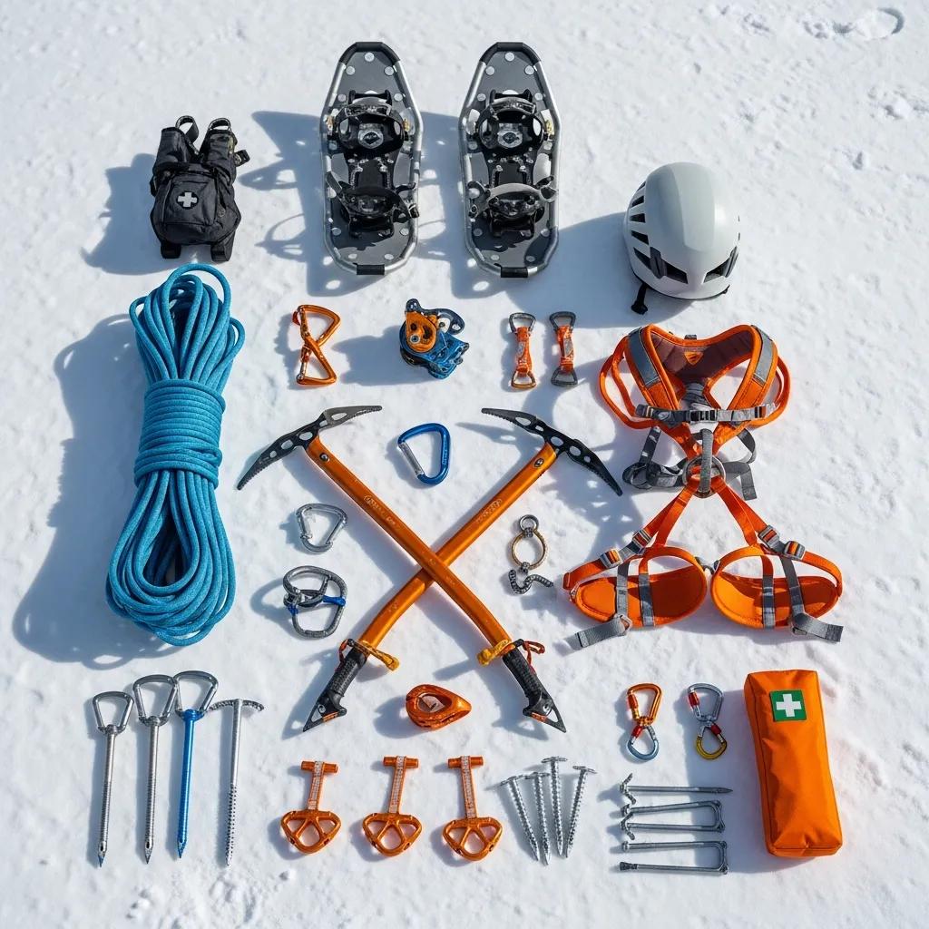 Essential climbing tools and technical gear for Denali, showcasing safety and preparation