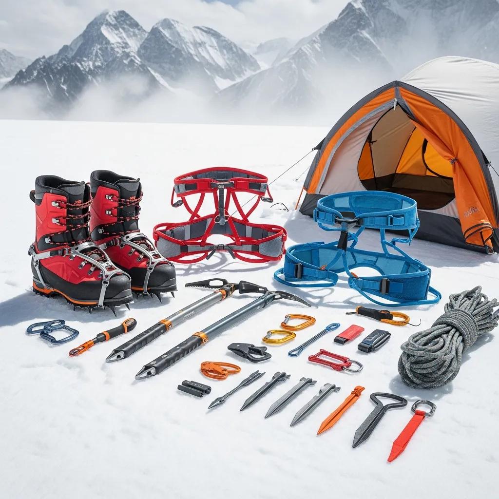 Essential high-altitude climbing gear displayed on snow, highlighting the necessary equipment for Everest expeditions