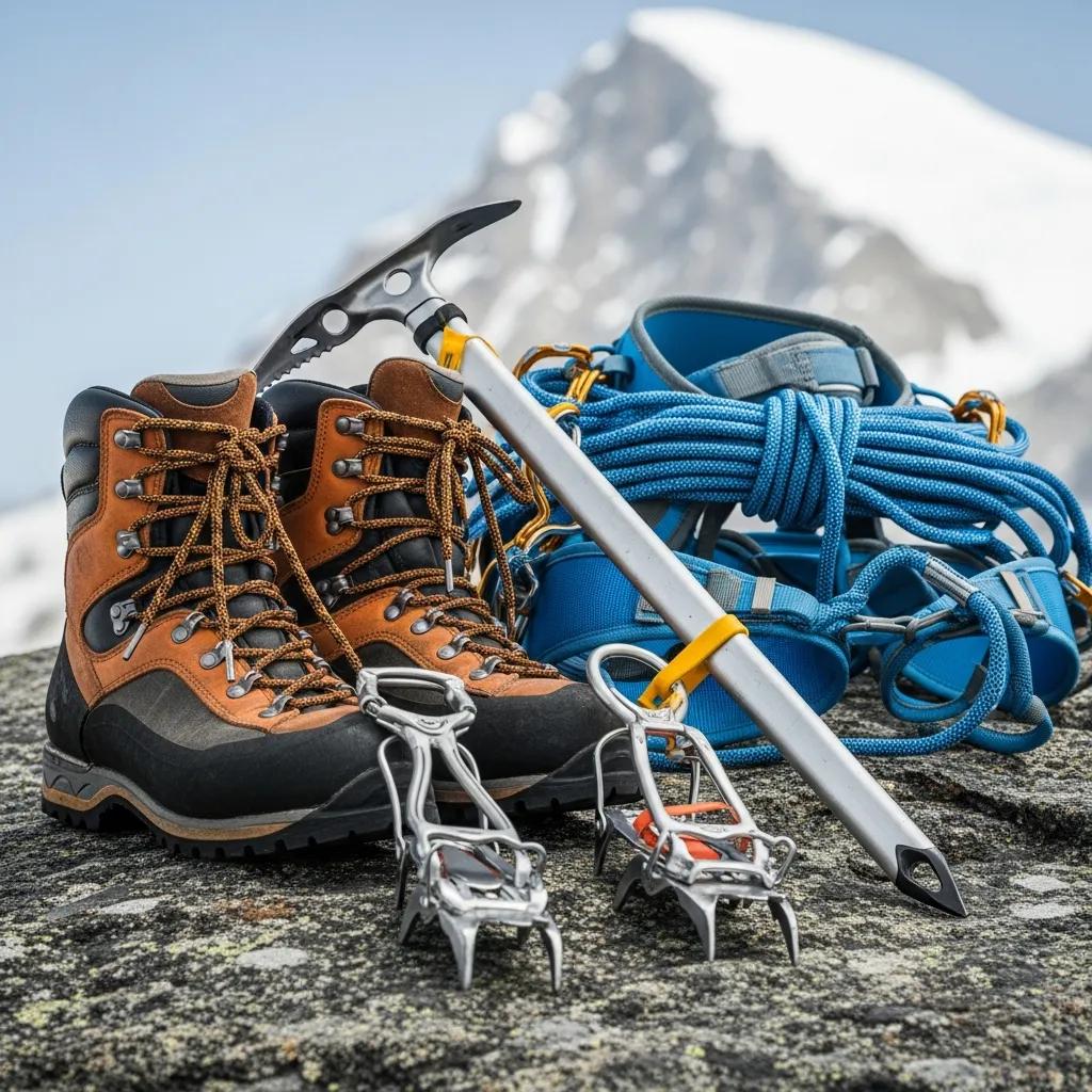 Essential high-altitude climbing gear including boots, ice axe, and harness