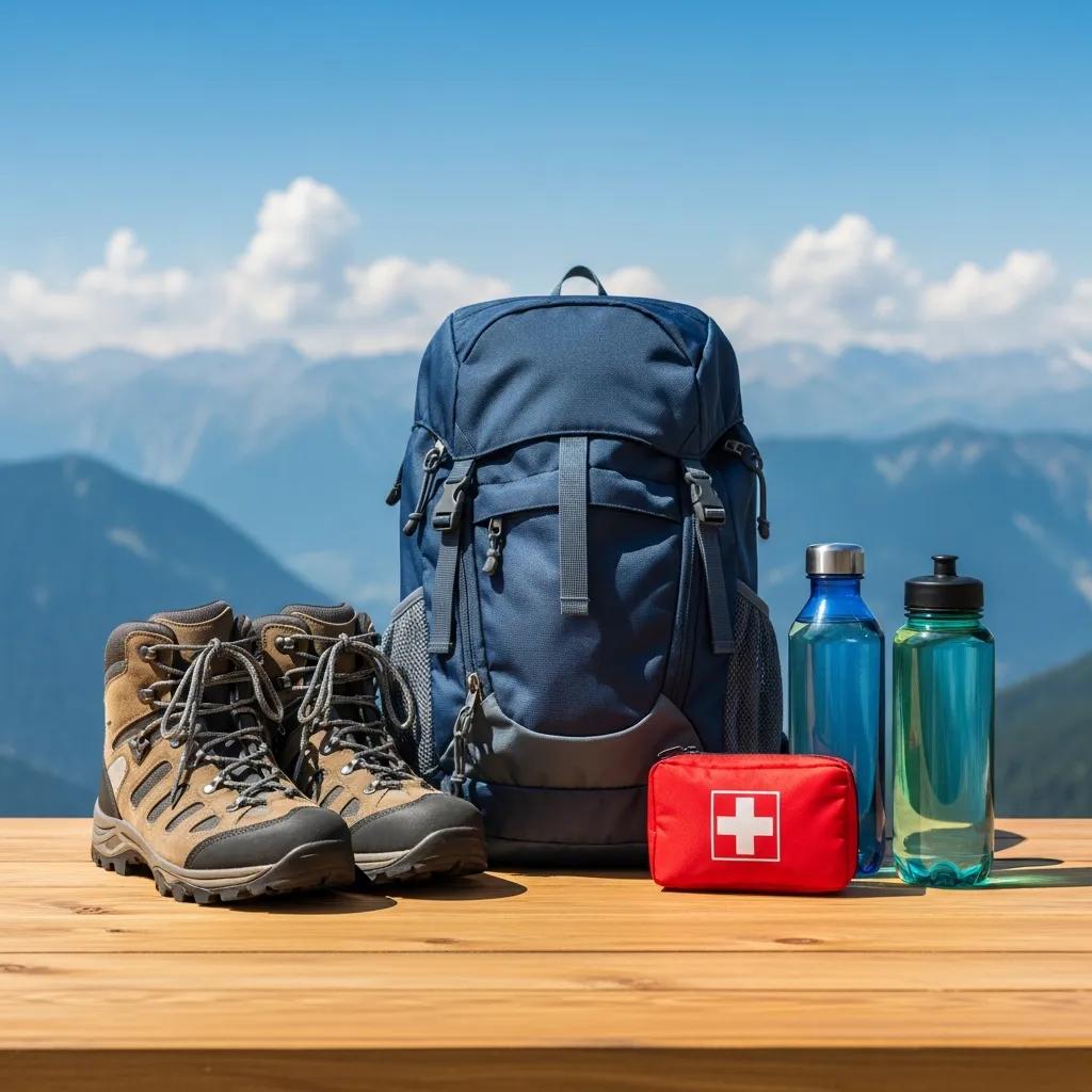 Essential hiking gear for beginners including boots, backpack, and safety equipment