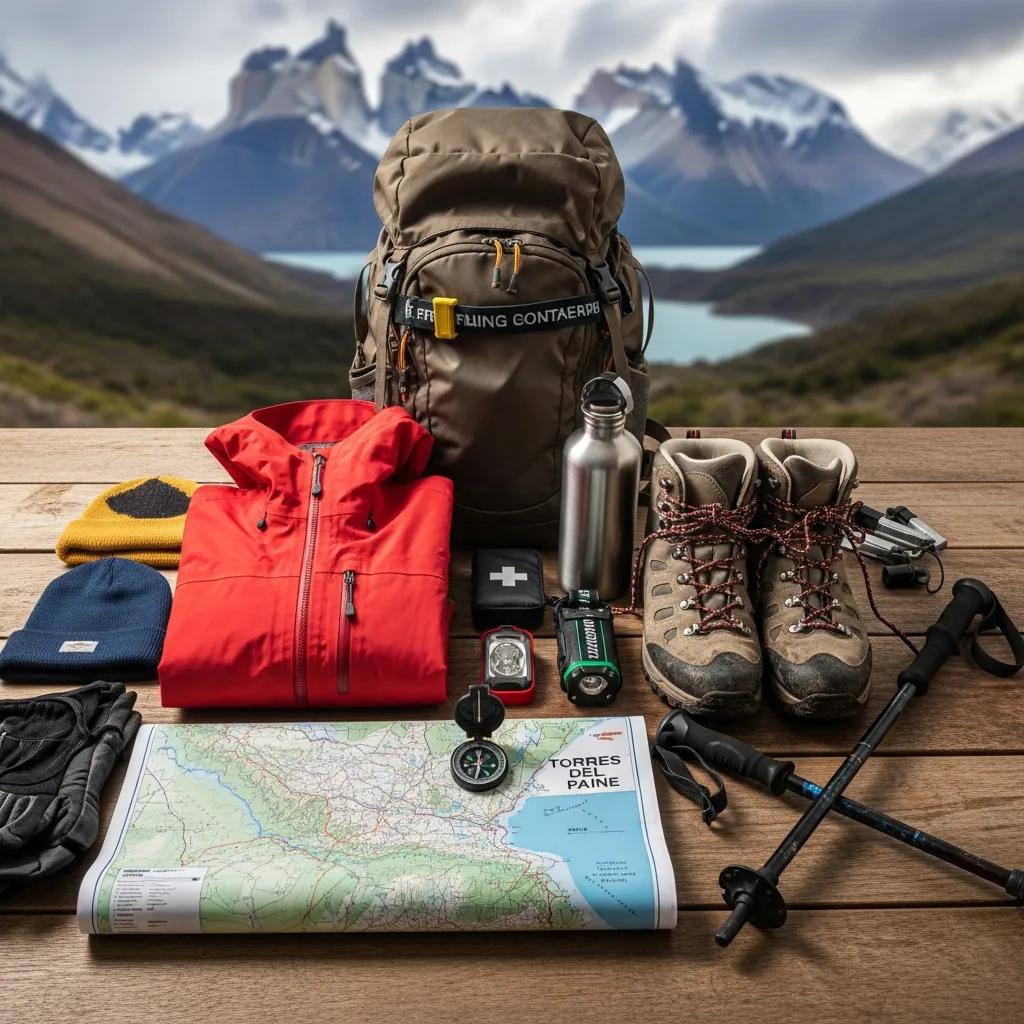Essential hiking gear for Patagonia including waterproof jacket and trekking boots