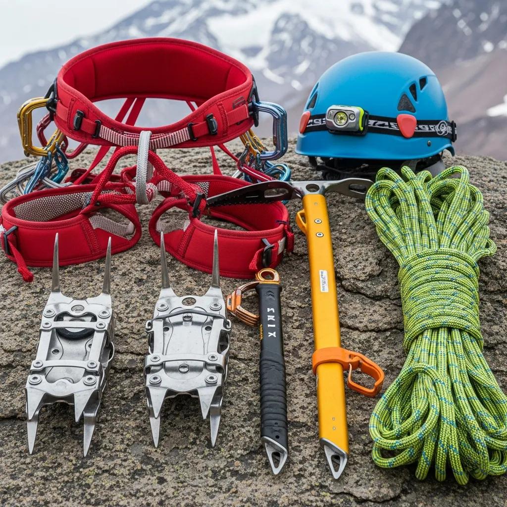 Essential mountaineering equipment for Aconcagua including harness, crampons, and ice axe