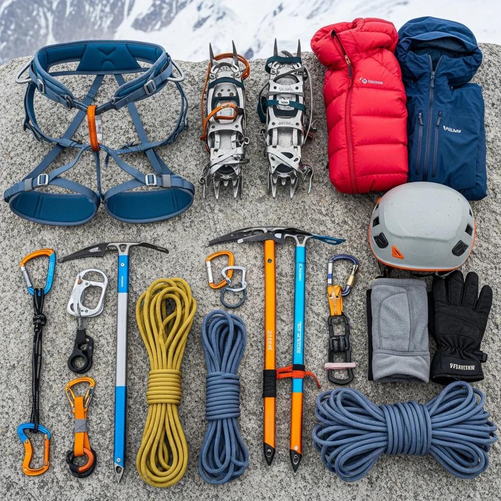 Essential mountaineering gear for Everest expedition including climbing harness, ice axes, crampons, ropes, gloves, and safety equipment, emphasizing preparation and safety in high-altitude conditions.