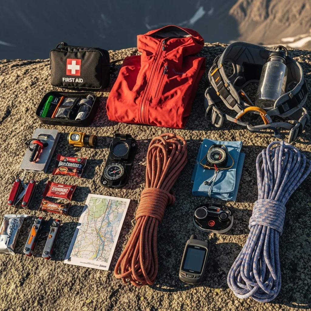 Essential mountaineering gear including first-aid kit, waterproof jacket, and navigation tools on a rocky surface