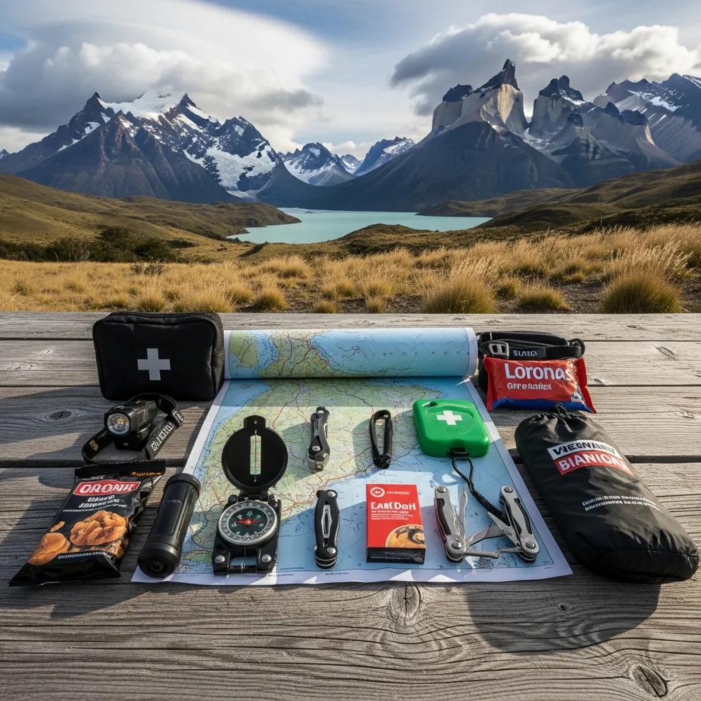 Essential safety gear for trekking in Patagonia, including navigation tools and first aid kit
