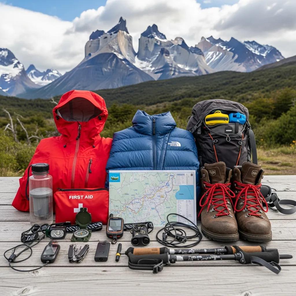 Essential trekking gear and safety equipment for Torres del Paine displayed against a natural backdrop