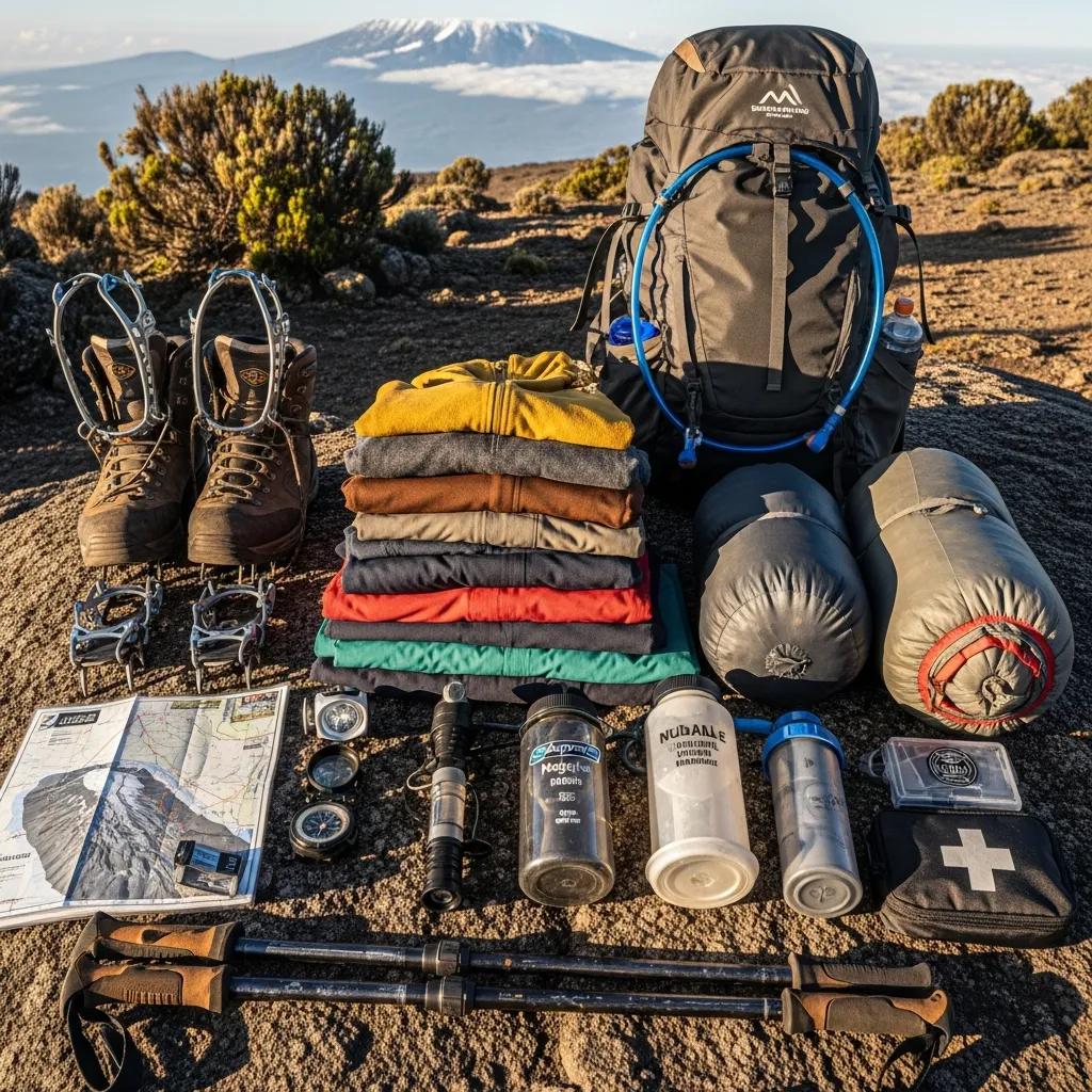 Essential trekking gear for climbing Mount Kilimanjaro, including climbing boots, layered clothing, sleeping bags, hydration system, maps, and trekking poles, with Mount Kilimanjaro visible in the background.
