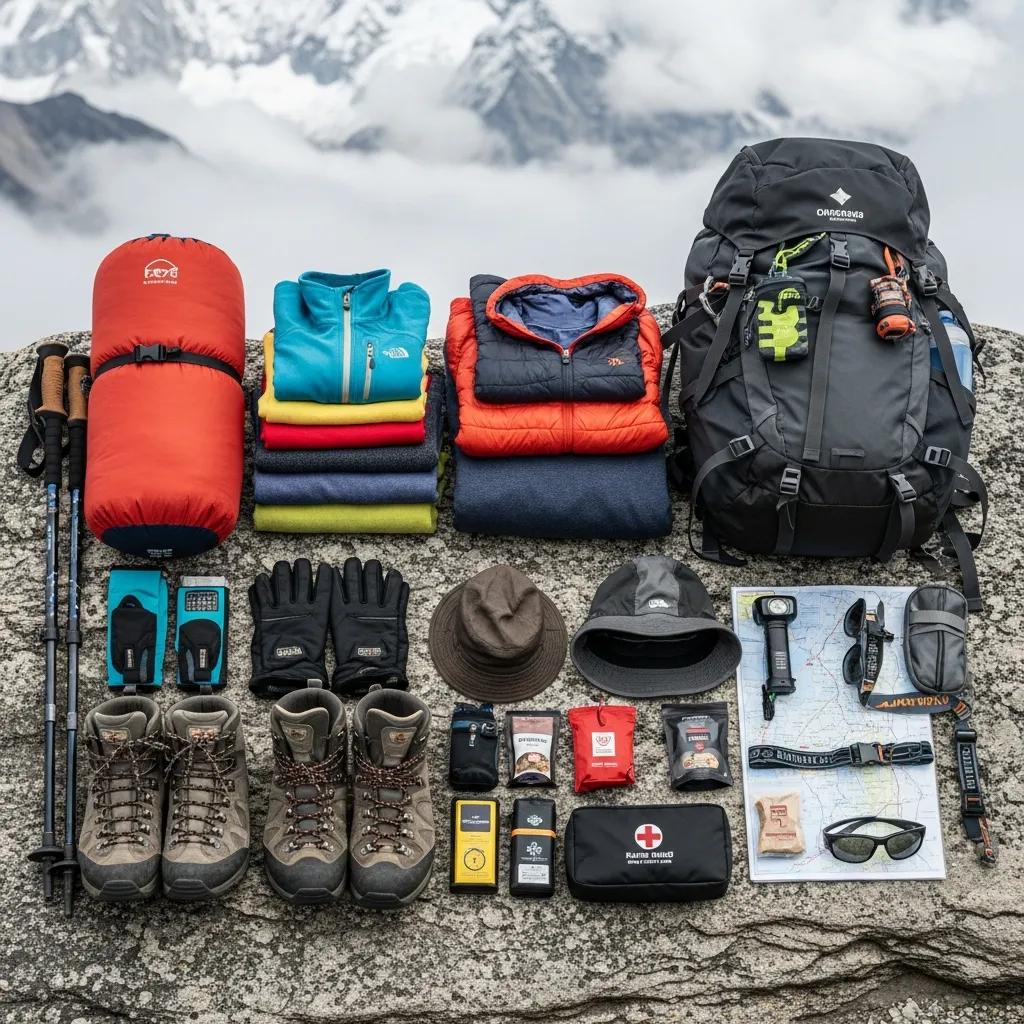 Essential trekking gear for Everest Base Camp including clothing and equipment