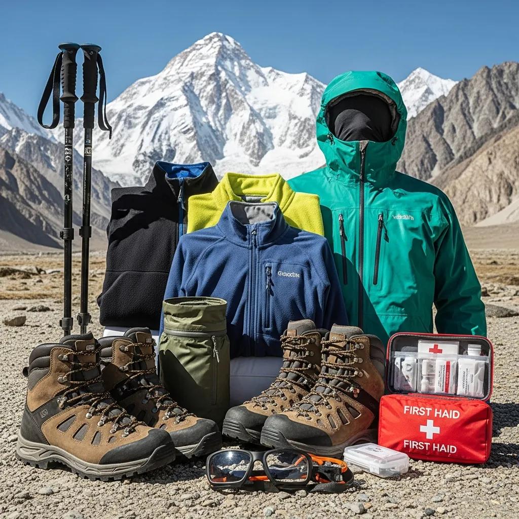 Essential trekking gear for K2 Base Camp Trek displayed in an outdoor setting