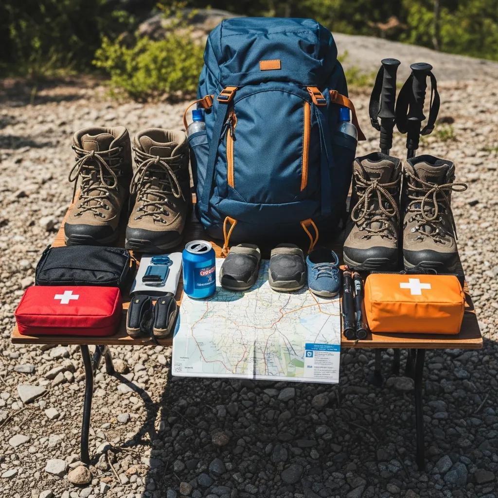 Essential trekking gear for the Tour du Mont Blanc displayed outdoors