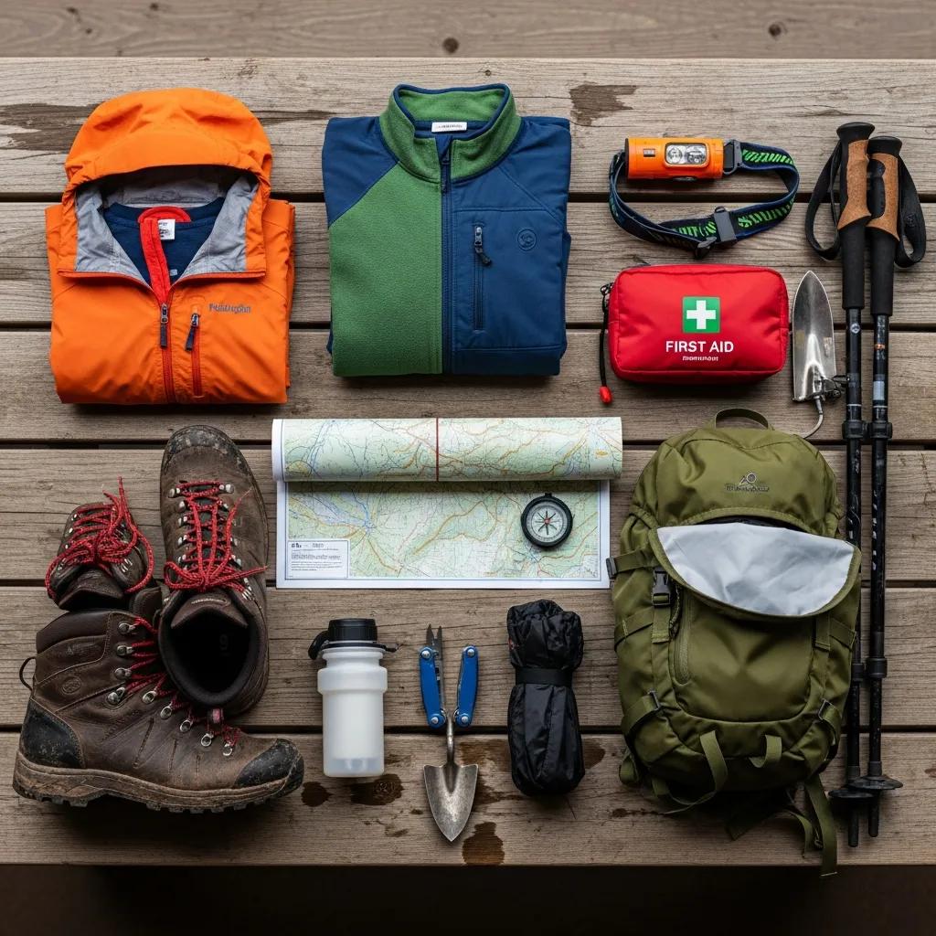 Essential trekking gear including boots, clothing, map, and first aid kit for Nepal treks