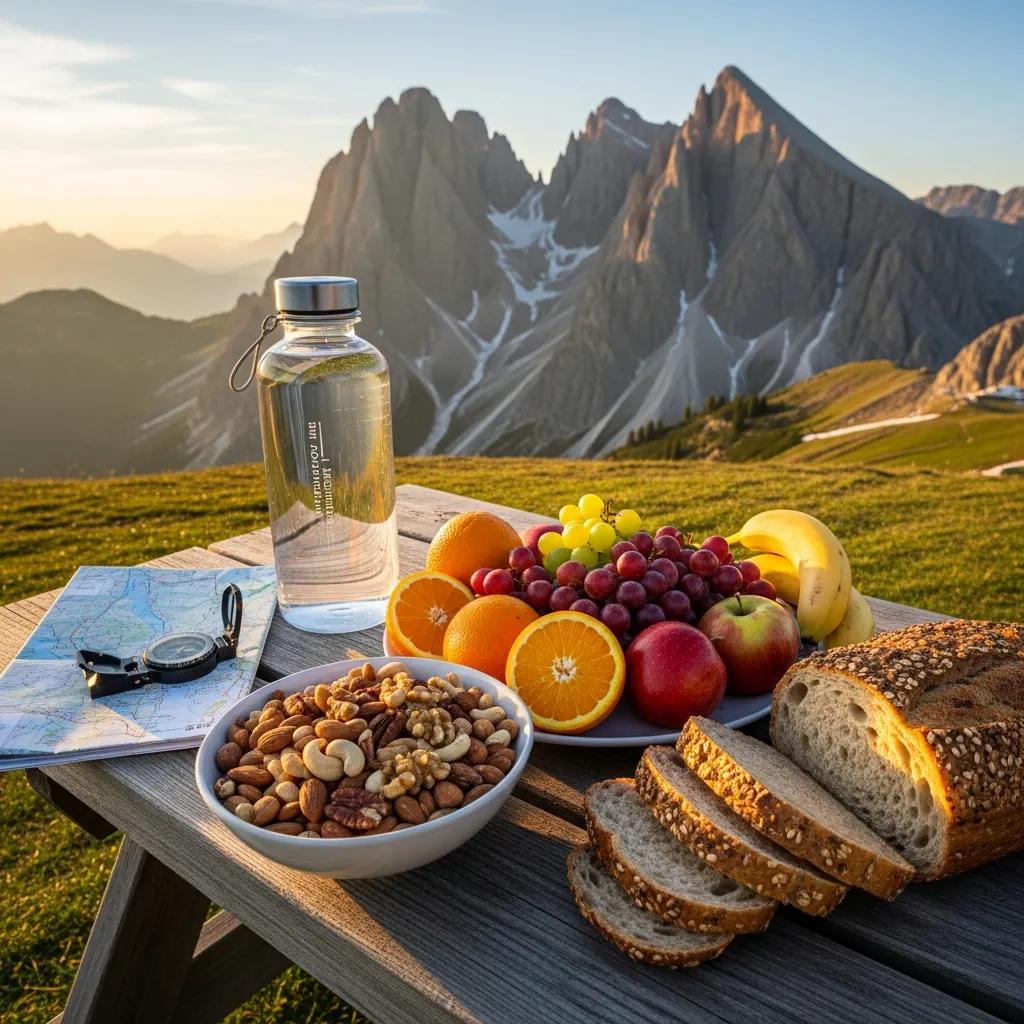 Healthy meal and hydration setup for climbers, highlighting nutrition and hydration for Mount Elbrus preparation